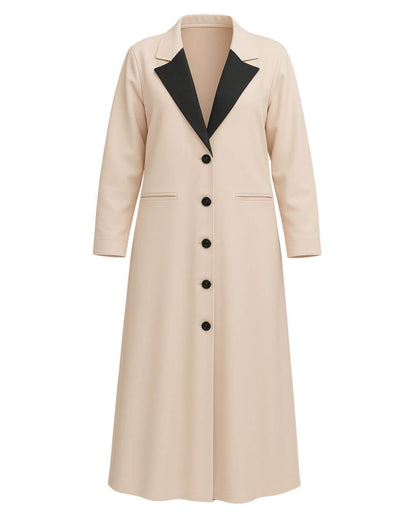 NED Contrast Collar Blazer Abaya in beige with black collar and buttons, stylish modestwear for modern elegance.