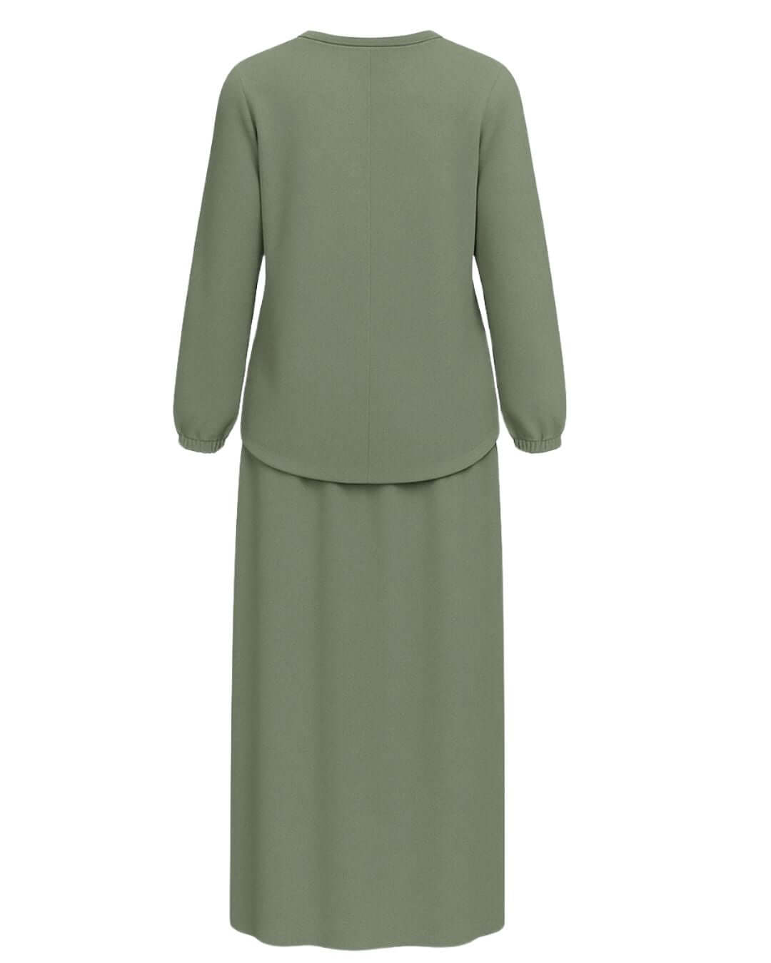 Back view of NED Sage Green Modest Satin Skirt Set featuring a high-low blouse and maxi skirt.