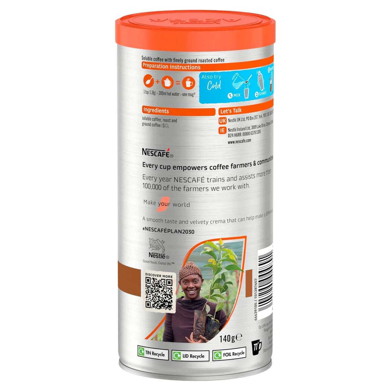 Nescafé coffee can with a QR code on a white background