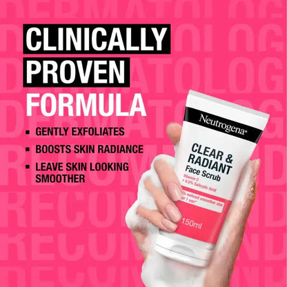 Neutrogena Clear & Radiant Face Scrub with text on a pink background