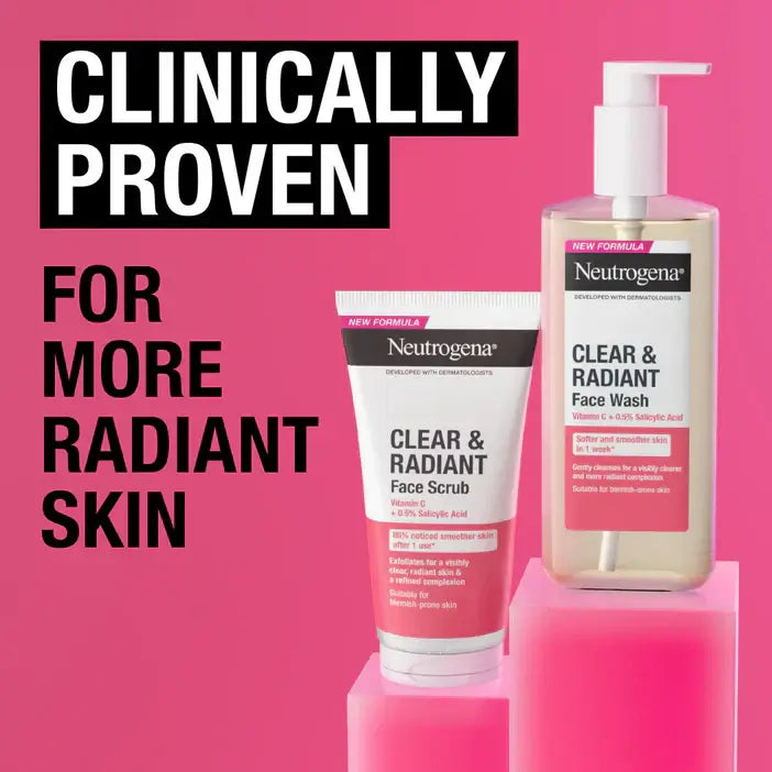 Neutrogena skincare products on a pink background with text about clinical proven benefits.