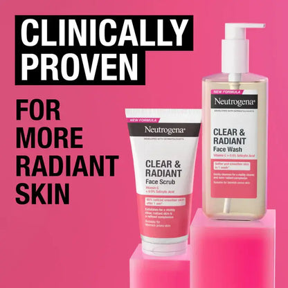 Neutrogena skincare products on a pink background with text about clinical proven benefits.