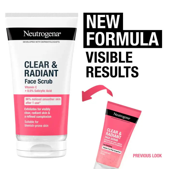 Neutrogena Clear & Radiant Face Scrub packaging with text about new formula and visible results.