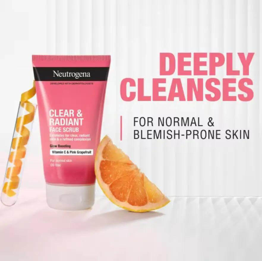 Neutrogena Clear & Radiant Face Scrub with pink grapefruit, deeply cleanses normal & blemish-prone skin.