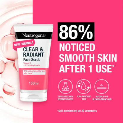 Neutrogena Clear & Radiant Face Scrub with pink background and text highlighting smooth skin improvement.