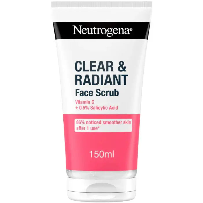 Neutrogena Clear & Radiant Face Scrub packaging on a white background