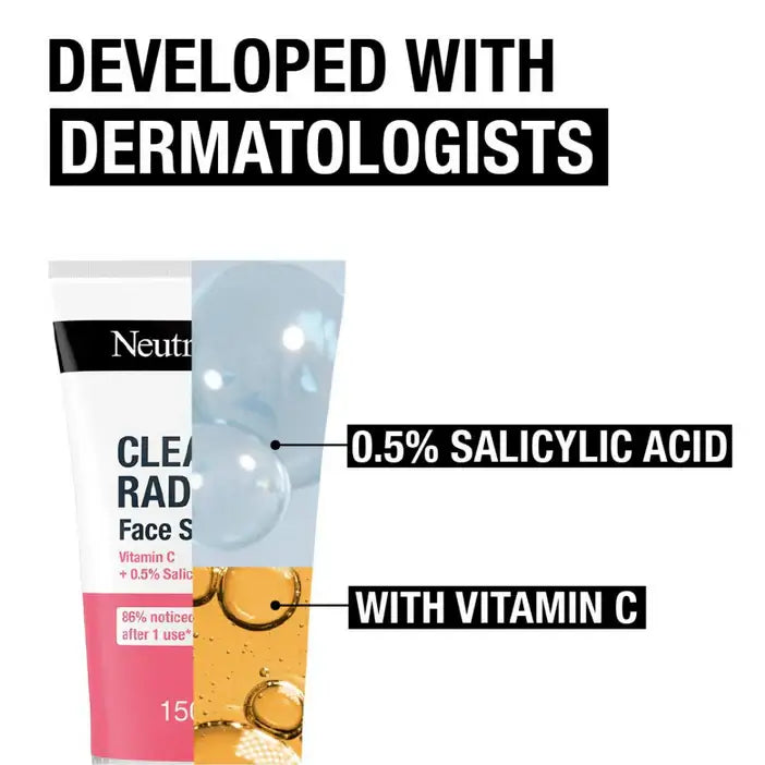 Neutrogena facial product with text highlighting dermatologist development, salicylic acid content, and vitamin C inclusion.