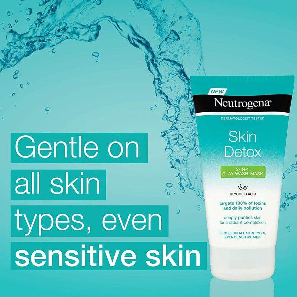 NEUTROGENA® Skin Detox® 2-in-1 Clay Wash Mask 150ml, gentle formula for all skin types, including sensitive skin.