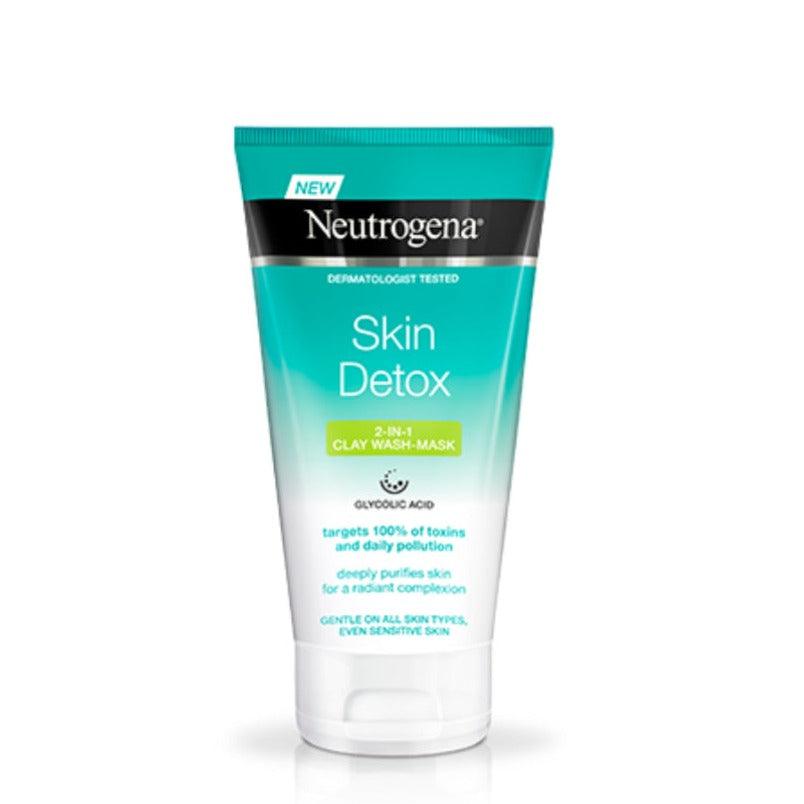 NEUTROGENA® Skin Detox® 2-in-1 Clay Wash Mask 150ml tube, detoxifies skin and targets impurities.