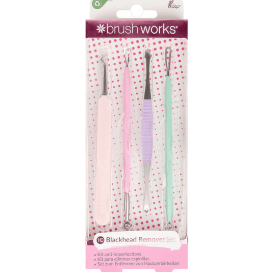 Brushworks HD Blackhead and Blemish Remover Set featuring four stainless steel tools in pastel colors.