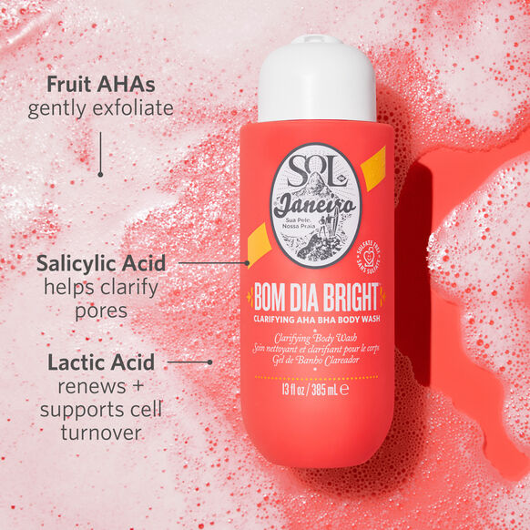 Sol de Janeiro Bom Dia Bright Clarifying AHA BHA Body Wash with exfoliating ingredients for radiant skin.