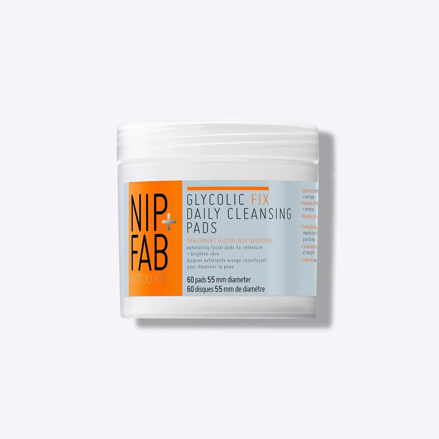 Nip + Fab Glycolic Fix Daily Cleansing Pads packaging, 60 radiance-boosting exfoliating pads.