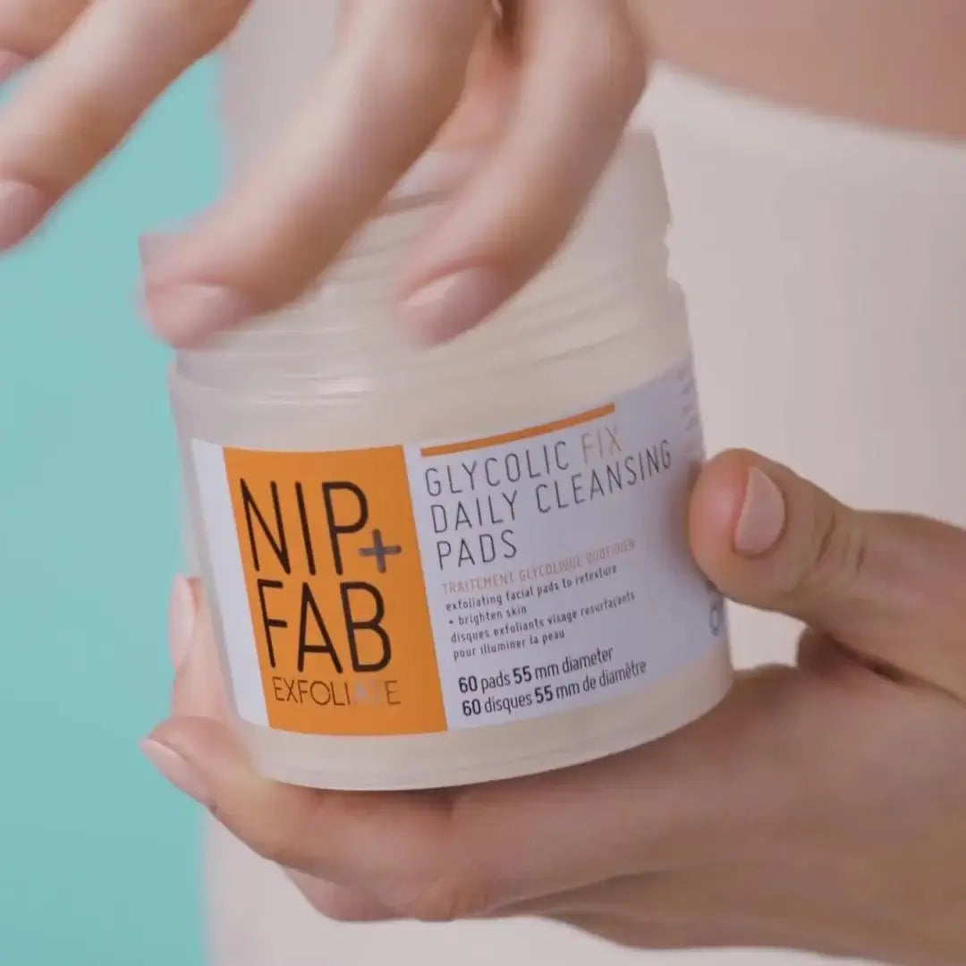Nip + Fab Glycolic Fix Daily Cleansing Pads in jar, exfoliating skincare for radiant skin, 60 pads.