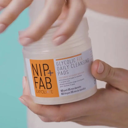 Nip + Fab Glycolic Fix Daily Cleansing Pads in jar, exfoliating skincare for radiant skin, 60 pads.