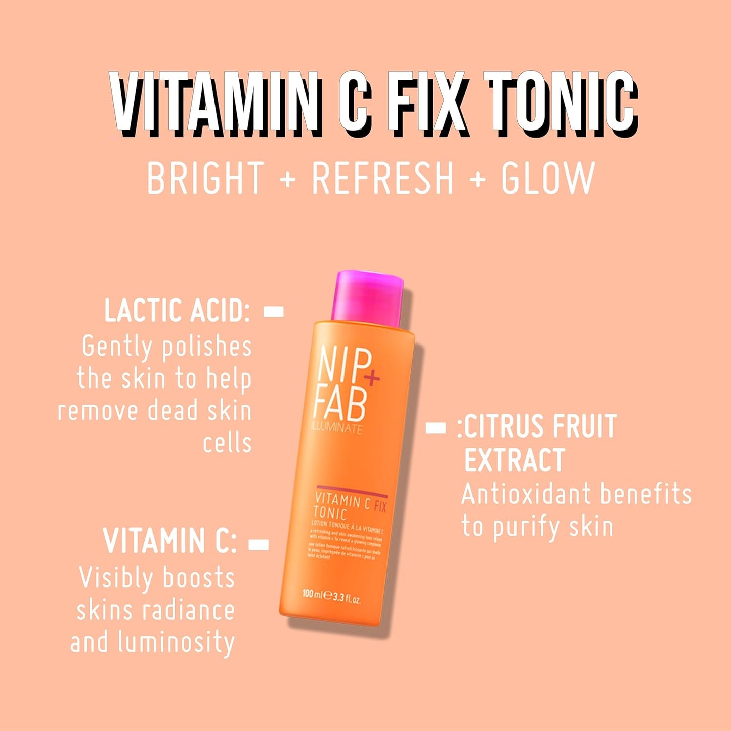 Nip & Fab Vitamin C Fix Tonic bottle with product details on a peach background