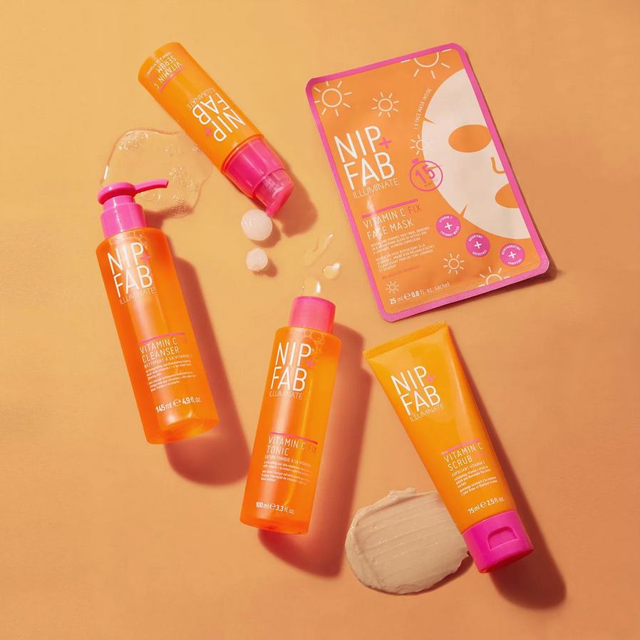 Nip & Fab skincare products on an orange background