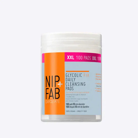 Nip+Fab Glycolic Fix Daily Cleansing Pads XXL pack with 100 exfoliating pads for radiant skin.