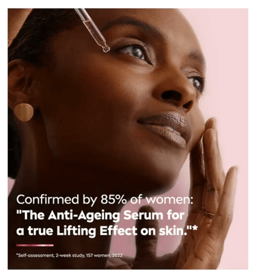 Woman applying Nivea anti-aging serum with text about its effectiveness on skin.