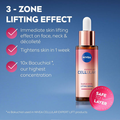 NIVEA Cellular Expert Lift Bakuchiol Lifting Serum bottle with product features on a blue background