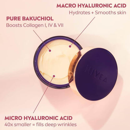 Nivea skincare product with text highlighting macro hyaluronic acid, pure bakuchiol, and micro hyaluronic acid.