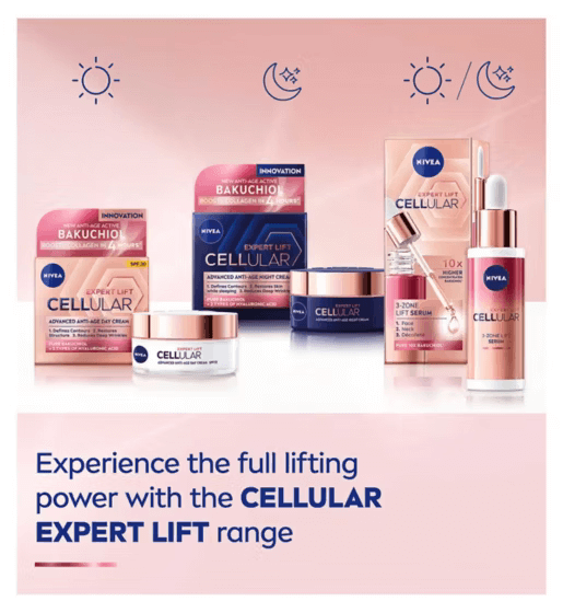 Nivea cellular expert lift skincare products on a pink background