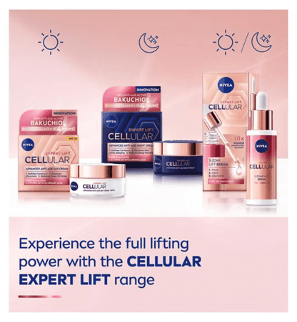 Nivea cellular expert lift skincare products on a pink background