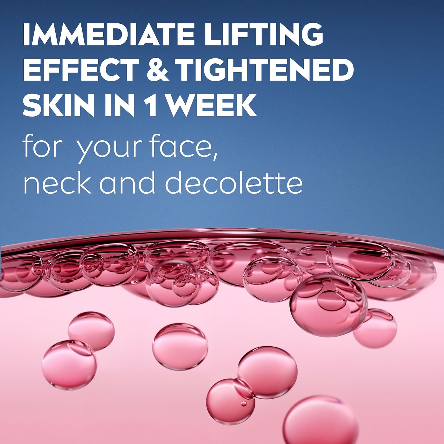 Nivea Pink bubbles in a liquid with text about immediate lifting effect and tightened skin on a blue background