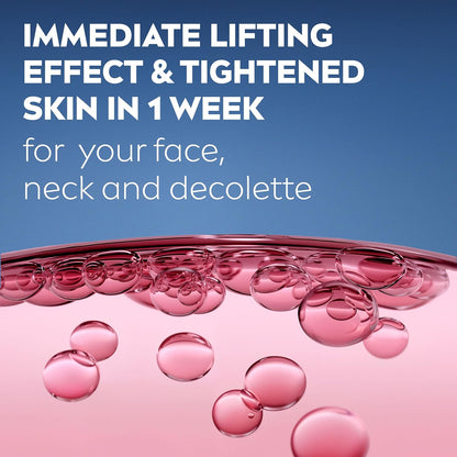 Nivea Pink bubbles in a liquid with text about immediate lifting effect and tightened skin on a blue background