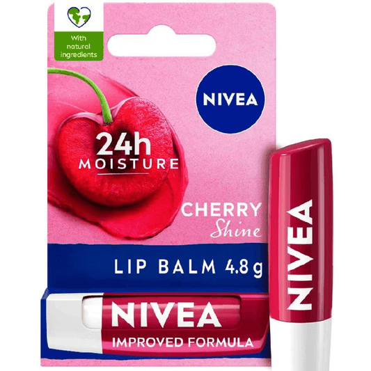NIVEA Cherry Shine Lip Balm 4.8g packaging with cherry graphics, offering 24-hour moisture for soft, hydrated lips.