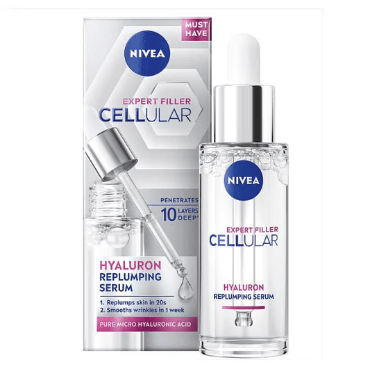 Nivea Expert Filler Cellular Hyaluron Replumping Serum with packaging on a white background