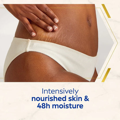 Close-up of a person wearing a white underwear with text about skin nourishment.