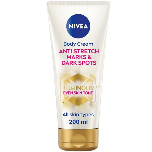 Nivea body cream tube for anti stretch marks and dark spots on a white background