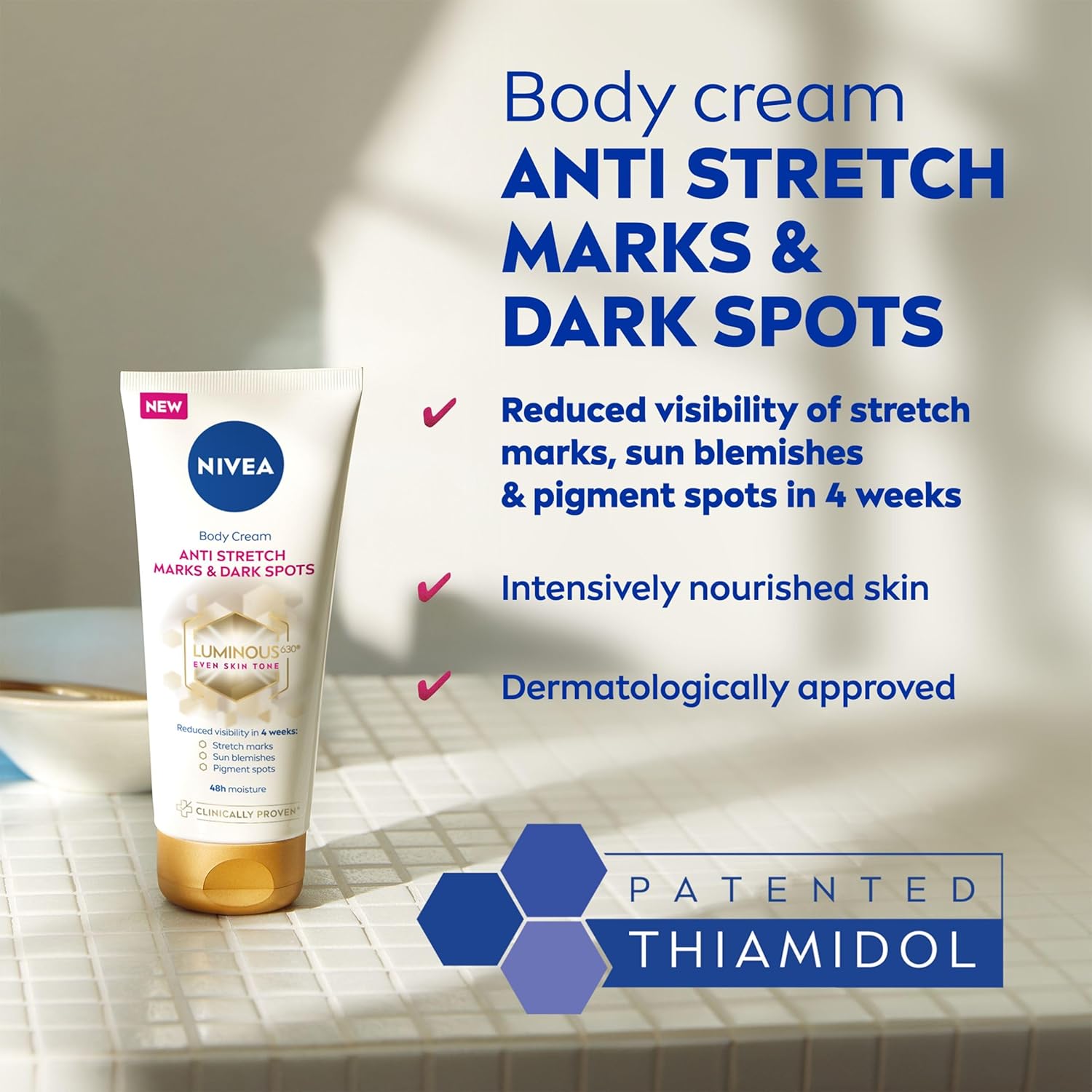 Nivea body cream for anti stretch marks and dark spots with product and benefits listed.