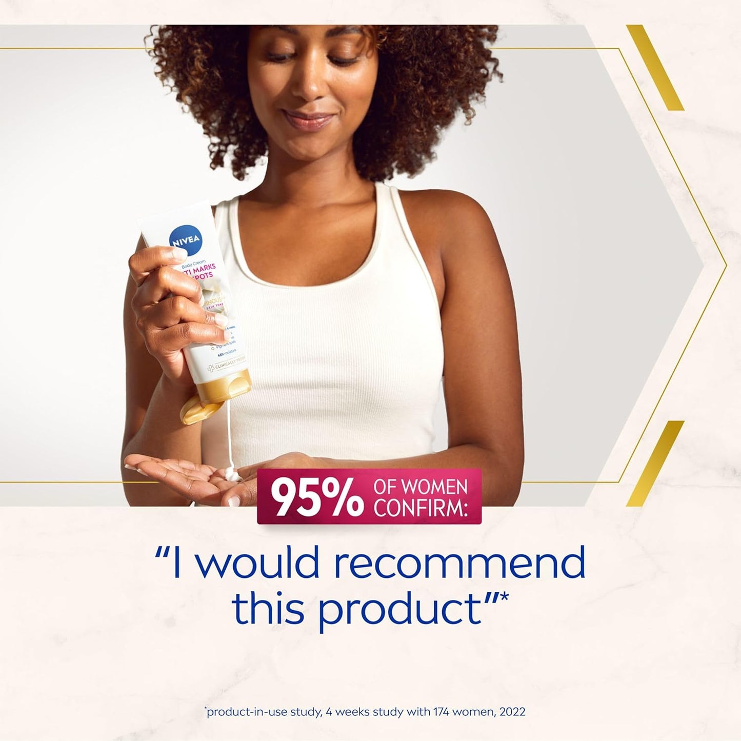 Woman holding a Nivea product with text about product recommendation.