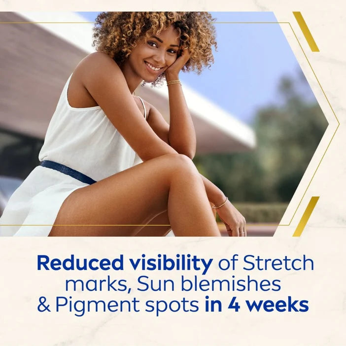 Woman sitting outdoors with text about reduced visibility of stretch marks, sun blemishes, and pigment spots in 4 weeks.