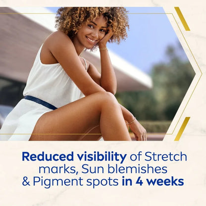 Woman sitting outdoors with text about reduced visibility of stretch marks, sun blemishes, and pigment spots in 4 weeks.