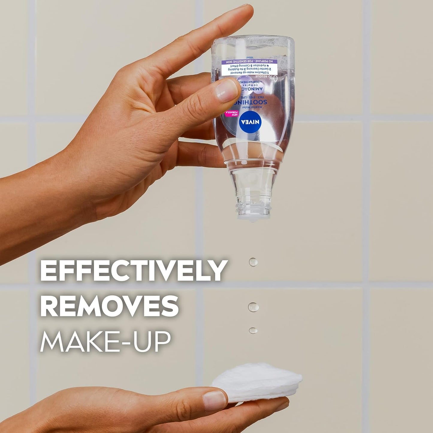 Hand holding a NIVEA  bottle labeled 'Vegan' with text 'Effectively Removes Make-Up' on a tiled background.