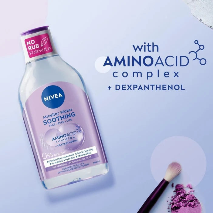 Nivea micellar water bottle with amino acid complex on a light blue background