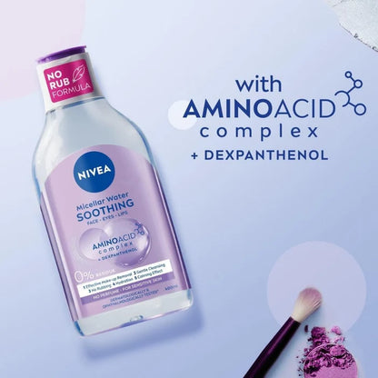 Nivea micellar water bottle with amino acid complex on a light blue background