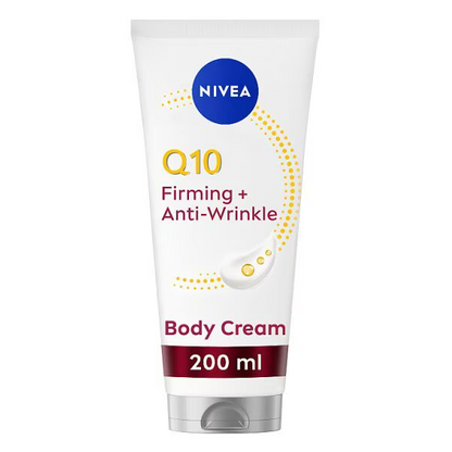 Nivea Q10 Firming + Anti-Wrinkle Body Cream tube on a white background