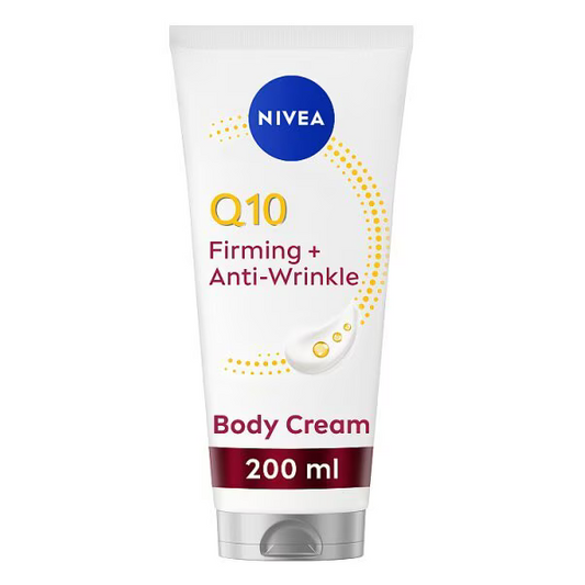 Nivea Q10 Firming + Anti-Wrinkle Body Cream tube on a white background