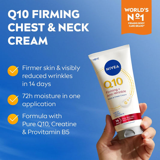 Nivea Q10 Firming Chest & Neck Cream with product and benefits on a blue background