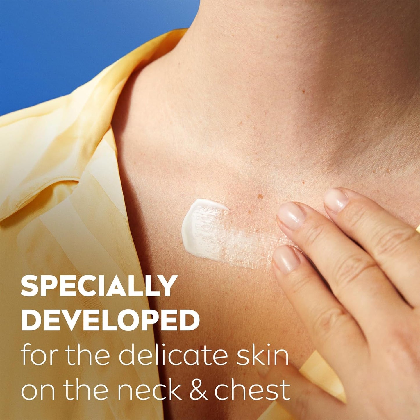 Person applying a small amount of cream to their neck with text indicating it's specially developed for delicate skin on the neck and chest.