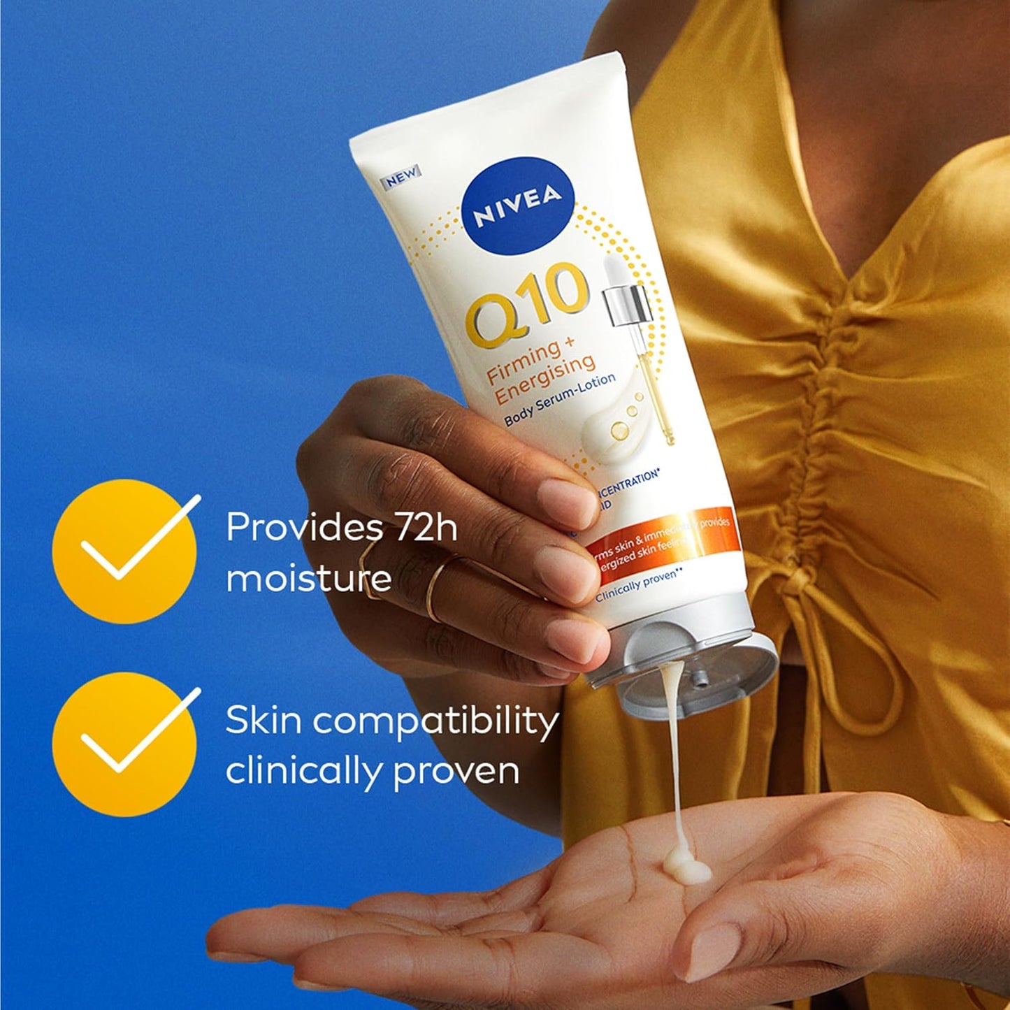 Nivea Q10 body serum lotion being applied with text highlighting benefits on a blue background