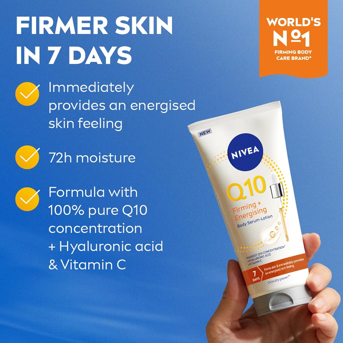 Nivea Q10 body serum with text on a blue background