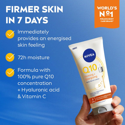 Nivea Q10 body serum with text on a blue background