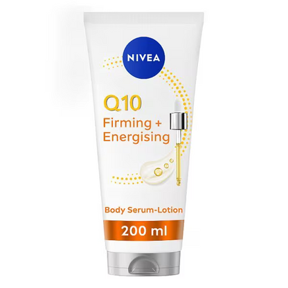 Nivea Q10 Firming + Energising Body Serum-Lotion tube on a white background
