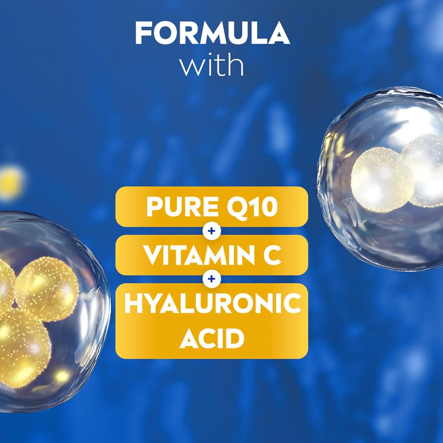Advertisement for a formula with Pure Q10, Vitamin C, and Hyaluronic Acid on a blue background.