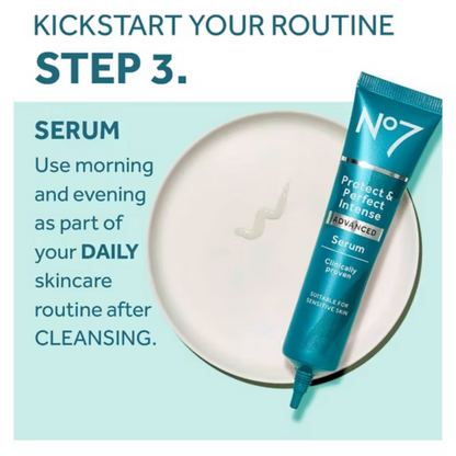 No7 serum tube on a white disc with text about daily skincare routine