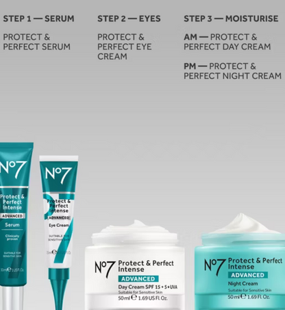 No7 skincare products with step-by-step skincare routine on a gray background